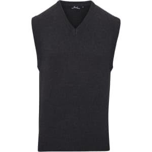 A sleeveless vest in dark grey with a v-neck design and a subtle logo. Suitable for layering.