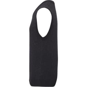 A sleeveless vest in dark grey, featuring a simple design and ribbed detailing at the hem.