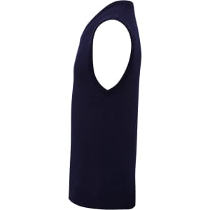 A sleeveless vest in navy blue, featuring a simple design and a side view to highlight its shape.