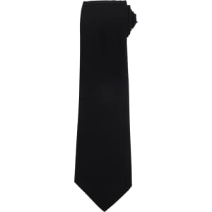 A black tie with a sleek design and pointed tip, featuring a branding logo.