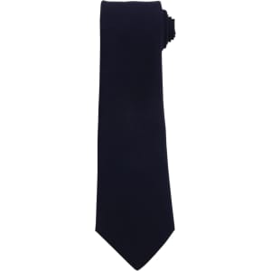 A navy tie with a smooth finish, featuring a branding logo at one end.
