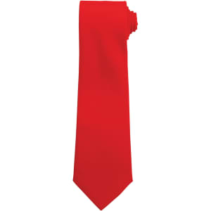 A red tie with a smooth finish, rolled neatly at the top. It features a logo on the fabric.