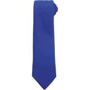 A solid blue tie with a slim design, displaying a smooth texture and rolled for presentation.