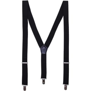 Black clip-on trouser braces with adjustable straps and metal clips. Features a central leather section.
