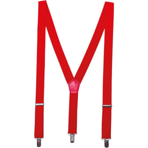 Red clip-on trouser braces with a Y-shaped design and metal clips for attachment.