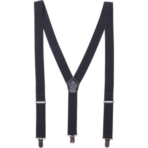 Black clip-on trouser braces with a central leather connector and metal clips for attachment.