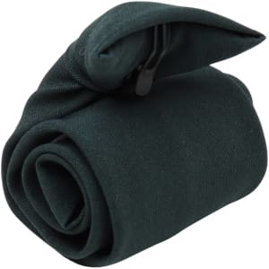A rolled dark green tie secured with a clip, designed as a clothing accessory.