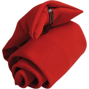 A red tie folded into a rose shape, secured with a clip. It features a simple design suitable for formal wear.