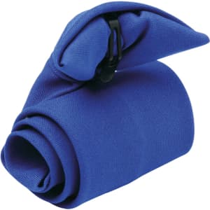 A blue Clip Tie folded neatly, secured with a black clip, designed as a clothing accessory for ties.