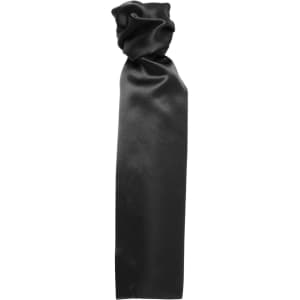 A plain black scarf with a smooth, satin finish, featuring a twisted design at the top.