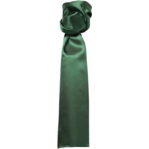A plain, dark green scarf with a smooth satin finish, featuring a tied detail at one end.