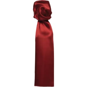 A plain red scarf made from smooth fabric, tied elegantly at the top. It has a simple design and no visible branding.