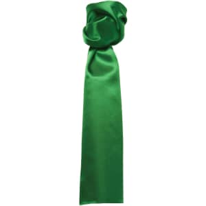A plain green scarf with a smooth, satin finish, featuring a twisted knot at the top.