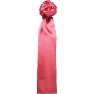 A plain pink scarf made of satin material, elegantly knotted at the top.