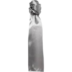 A plain grey scarf with a smooth, satin finish and a knotted detail at the top. It has a logo.
