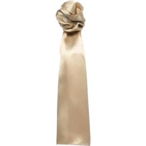 A plain beige scarf with a smooth, satin-like texture, featuring a gathered design at one end.