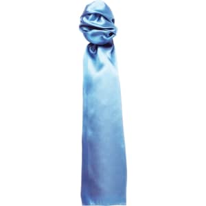 A plain blue scarf with a silky texture, designed as a stylish clothing accessory. It has a logo on it.
