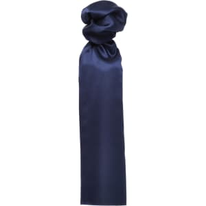 A plain navy scarf hanging loosely, featuring a smooth texture and a simple, elegant design.