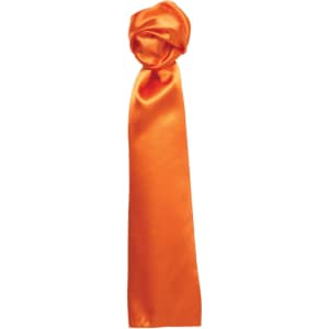 An orange plain scarf made of smooth fabric, tied in a knot at the top. It features a logo.