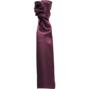 A plain burgundy scarf with a smooth, satin finish and gathered detail at one end. Features a logo.