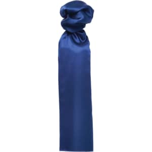 A plain dark blue scarf with a smooth texture, featuring a tied design at the top. It has a subtle branding logo.