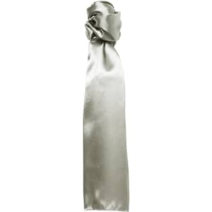 A plain silk scarf in a soft silver colour, knotted at the top. Features a logo.