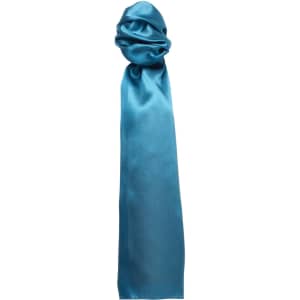 A plain turquoise scarf with a smooth texture, featuring a gathered style at one end.