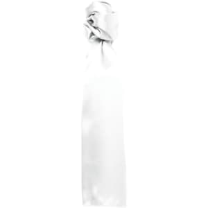 A plain white scarf tied in a knot, made from a smooth fabric, featuring a minimalistic design.