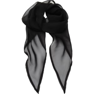 A black chiffon scarf with a sheer texture and pointed ends, featuring a subtle border.