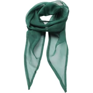 A green chiffon scarf with a lightweight, sheer design, featuring a delicate, flowing look and a simple branding logo.