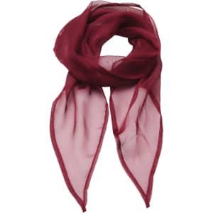 A burgundy chiffon scarf with a lightweight, flowing design and pointed ends. Features a logo.