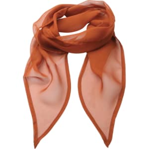 A chiffon scarf in shades of rust and peach, featuring a lightweight, flowing design with a delicate finish.