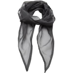 A sheer grey chiffon scarf with pointed ends and a delicate, lightweight design. It features a branding logo.