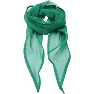 A green chiffon scarf with a silky finish, featuring two pointed ends and a delicate lightweight texture.