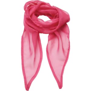 A pink chiffon scarf with a lightweight, flowing design and a delicate finish, featuring a subtle branding logo.