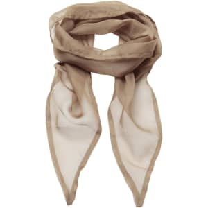 A light brown chiffon scarf featuring a soft, sheer design with pointed ends and a subtle brand logo.