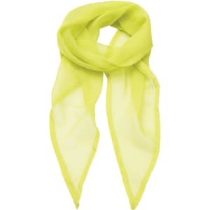 A bright yellow chiffon scarf, lightweight and sheer, featuring a classic design with pointed ends.
