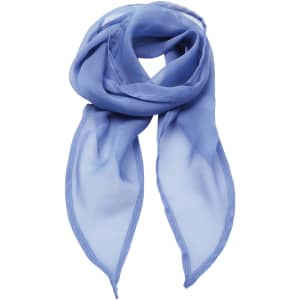 A blue chiffon scarf with a lightweight, sheer texture and pointed ends, featuring a branding logo.