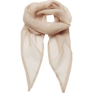 A soft chiffon scarf in a light beige colour, featuring a flowing, delicate design. It has a logo.
