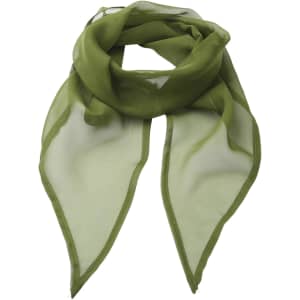 A green chiffon scarf with a lightweight, sheer fabric and a flowing design, featuring pointed ends and a delicate finish.