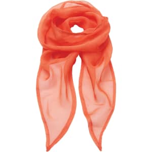 An orange chiffon scarf displayed in a loop, featuring a lightweight and sheer design.