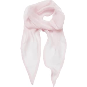 A light pink chiffon scarf with a soft, flowing design, featuring a subtle branding logo.