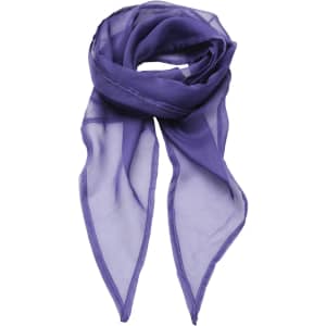 A purple chiffon scarf with a lightweight, sheer texture and pointed ends. It features a logo on one side.