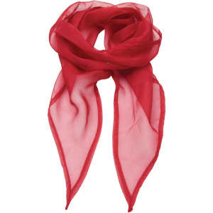 A red chiffon scarf with a lightweight, sheer texture, featuring a soft drape and pointed ends.