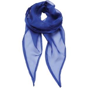 A blue chiffon scarf with a lightweight, sheer fabric and pointed ends. It has a logo.