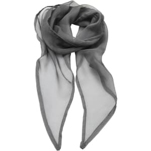 A sheer grey chiffon scarf with soft, flowing fabric and pointed ends. It features a logo.
