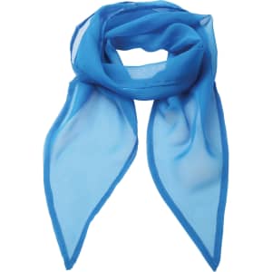 A lightweight blue chiffon scarf with a sleek design and pointed ends. It features a logo discreetly.