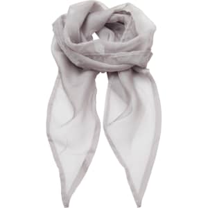 A light grey chiffon scarf with a delicate, airy texture and finished edges, featuring a logo.