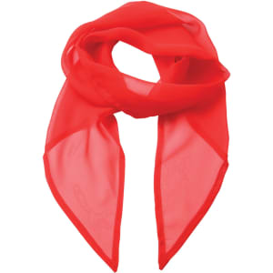 A red chiffon scarf with a lightweight, sheer design and pointed ends. It features a subtle branding detail.