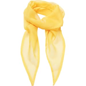 A yellow chiffon scarf draped elegantly, featuring a lightweight and sheer design.